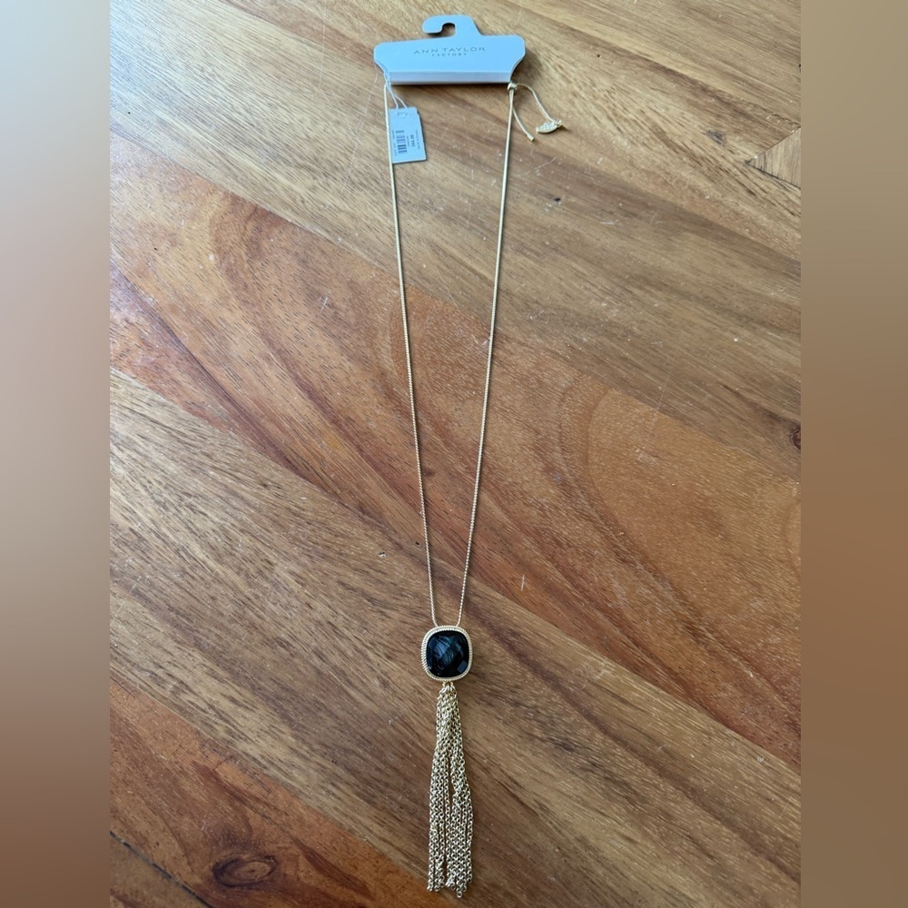 ANN TAYLOR FACTORY Gold Tassel Necklace with Black Pendant